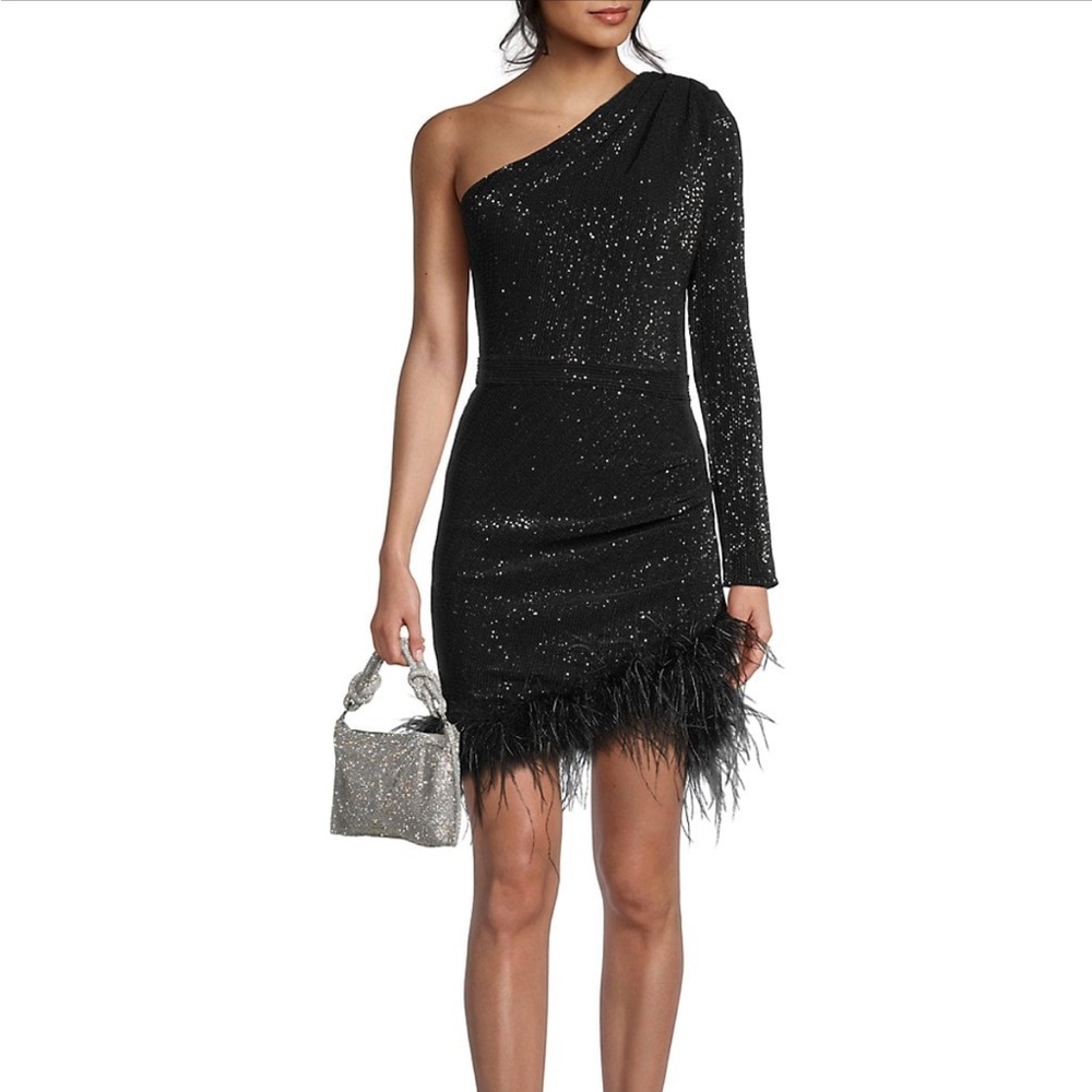 Lavish Alice Feather-Trimmed Sequined Minidress